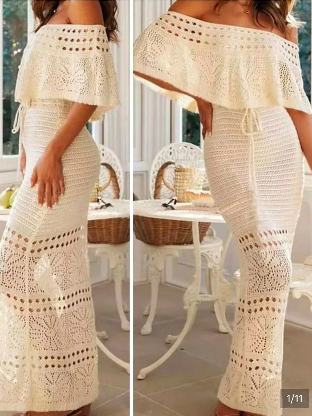 Commense Cream Crochet Strapless Maxi Dress